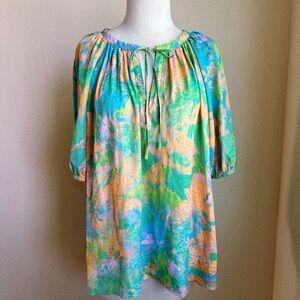 Current Air Watercolor Floral Tie-Neck Tunic in Aqua, Peach & Green